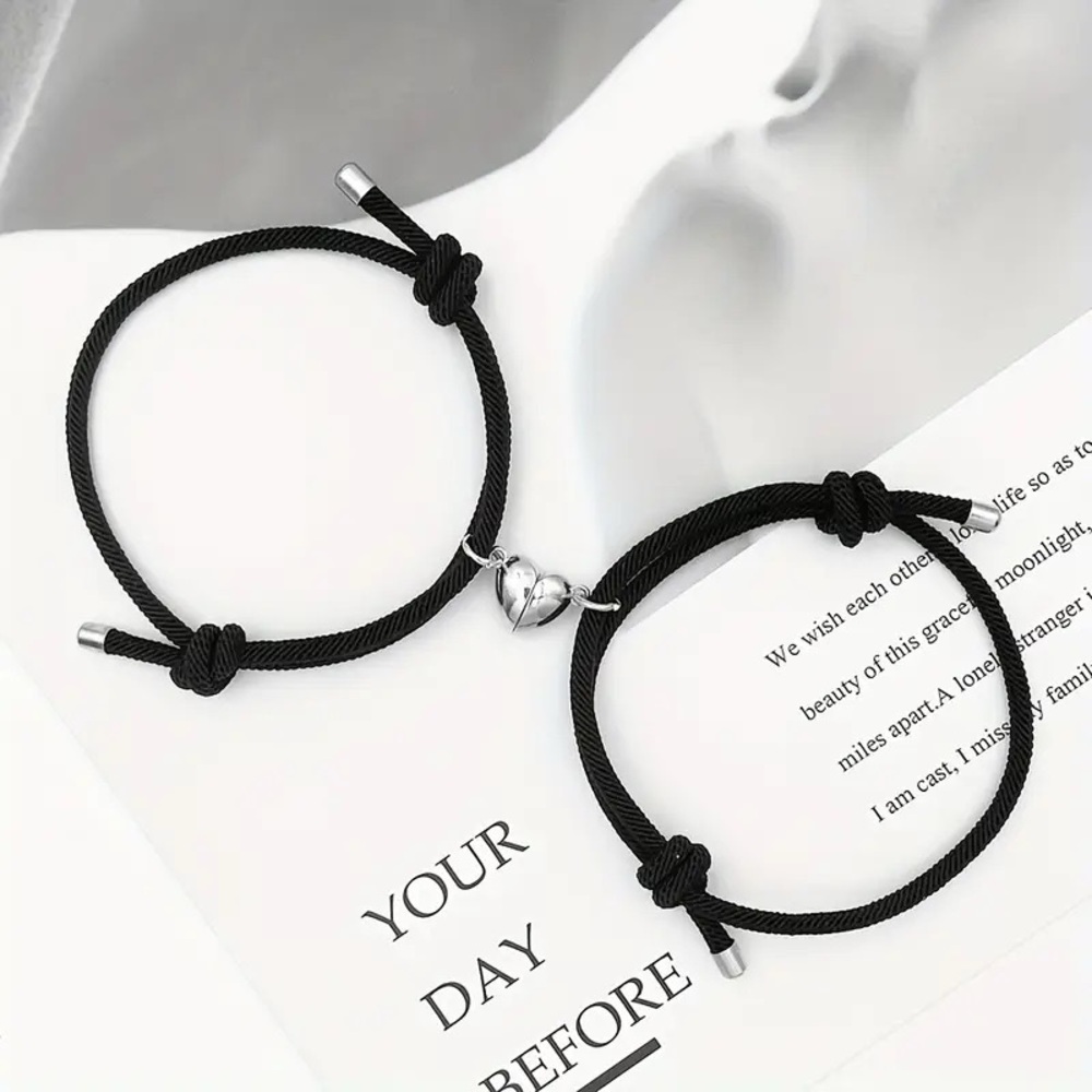 2pcs Couple Bracelet Set with Heart Magnetic Buckle - Black-Polyester